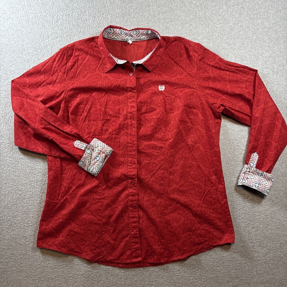 Cinch Women's Paisley Print Red Long Sleeve Button Up Sz 2XL Western Cowgirl